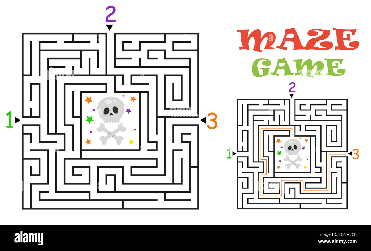 Labirinto rettangolare Halloween gioco labirinto per bambini. Logica labirintica. Tre ingressi e una strada a destra per andare. Immagine piatta vettoriale Illustrazione Vettoriale