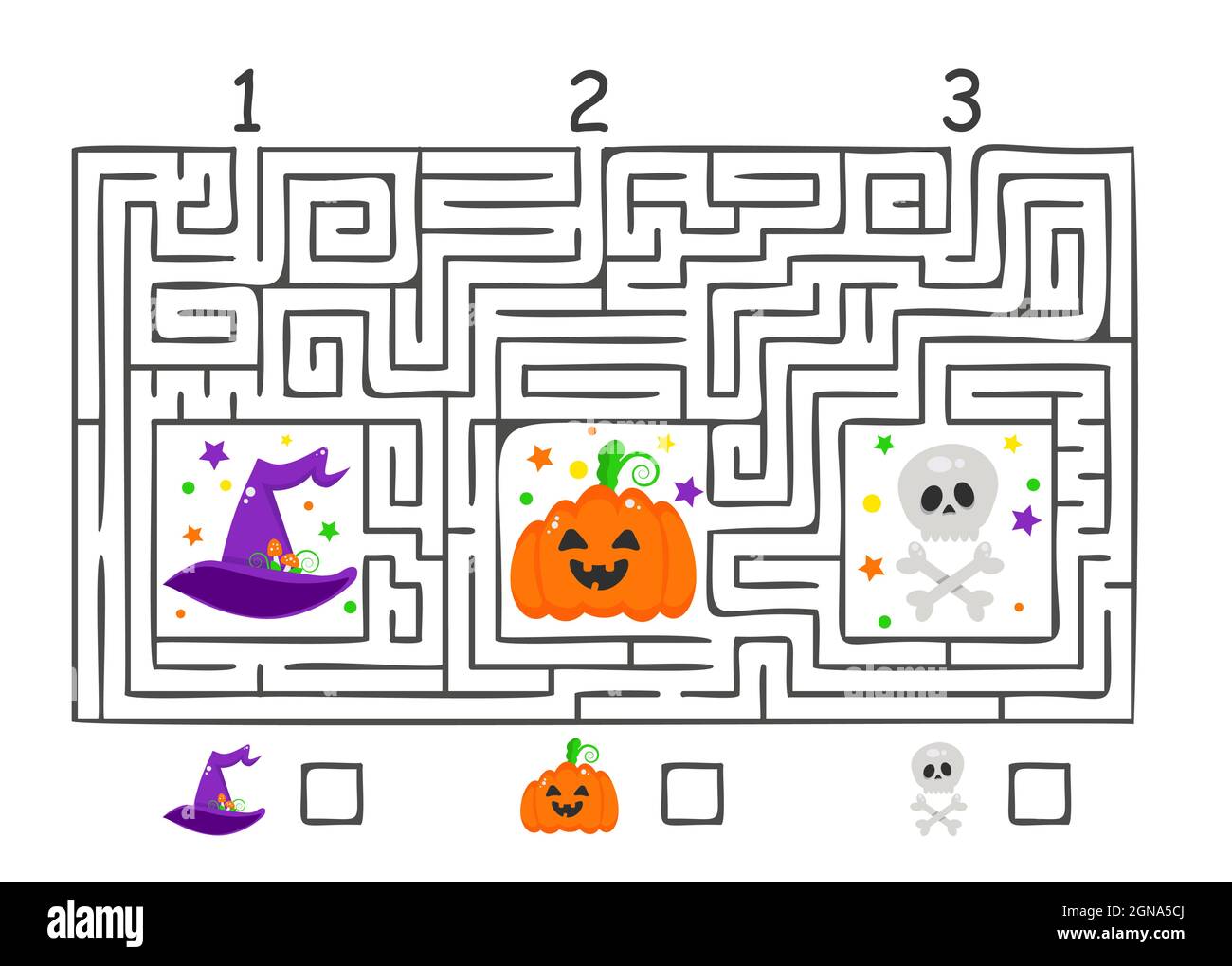 Labirinto rettangolare di Halloween labirinto gioco per bambini. Enigma logico a labirinto. Tre ingressi. Illustrazione piatta vettoriale Illustrazione Vettoriale