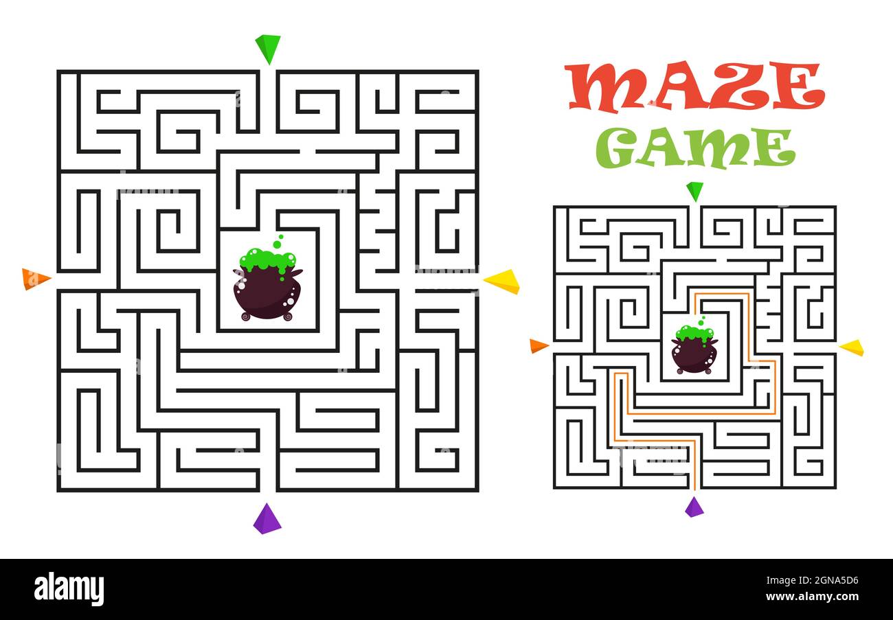 Labirinto rettangolare di Halloween labirinto gioco per bambini. Enigma logico a labirinto. Quattro ingressi e un modo giusto per andare. Illustrazione piatta vettoriale Illustrazione Vettoriale