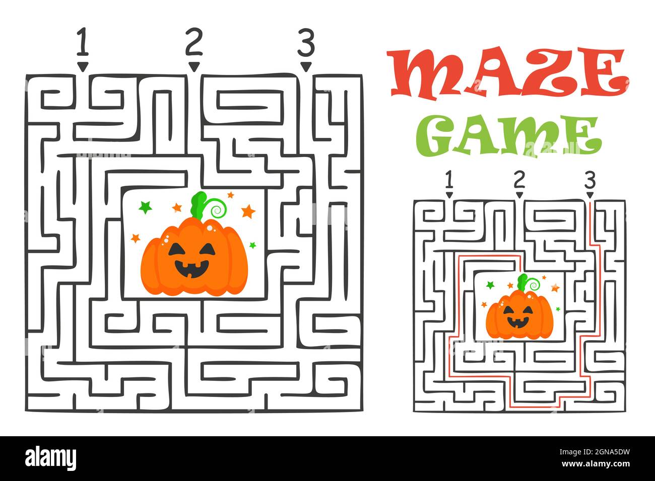 Labirinto rettangolare Halloween gioco labirinto per bambini. Logica labirintica. Tre ingressi e una strada a destra per andare. Immagine piatta vettoriale Illustrazione Vettoriale