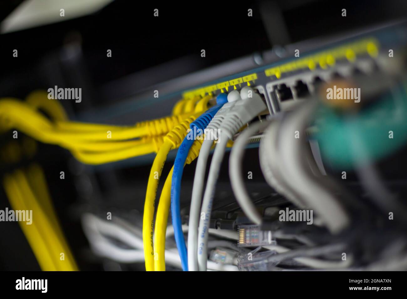 Primo piano macro di cavi ethernet connessione internet cavi velocità Foto Stock