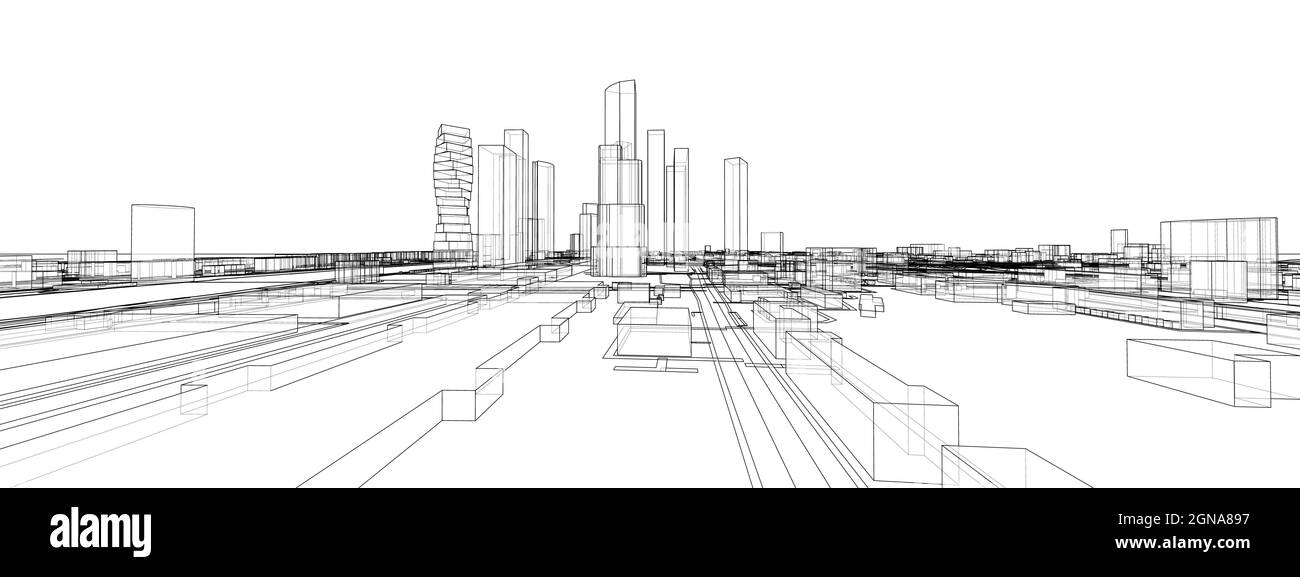 Panorama urbano vettoriale 3d. Edifici e strade Illustrazione Vettoriale