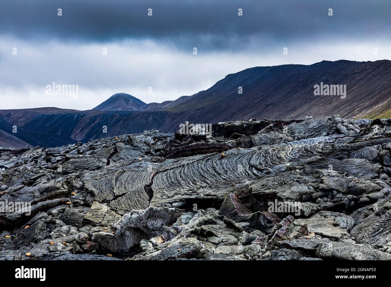 Campi di lava solidificati sull'eruzione vulcanica del Monte Fagradersfjall in islanda. Foto Stock