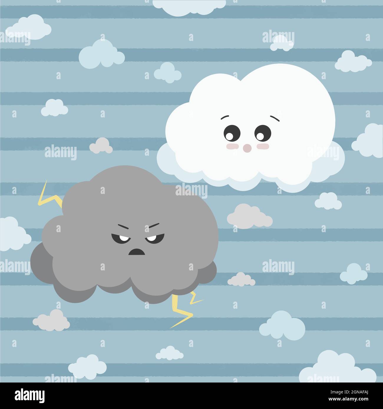 Nube di tuono carina e soffice, insieme a piccole nuvole giocose intorno. Kawaii in stile nuvole nel cielo. Illustrazione vettoriale isolata su sfondo blu cielo Illustrazione Vettoriale
