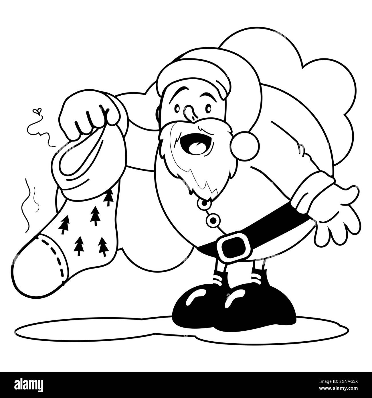 Cartoon Babbo Natale in possesso di una calza di Natale sporca e puzzolente. Pagina da colorare in bianco e nero Foto Stock