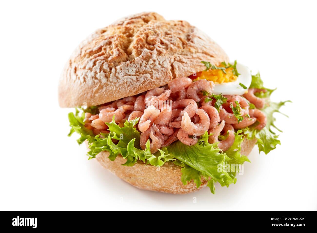 Alto angolo di delizioso panino con gamberi e lattuga posti sul tavolo bianco in studio Foto Stock