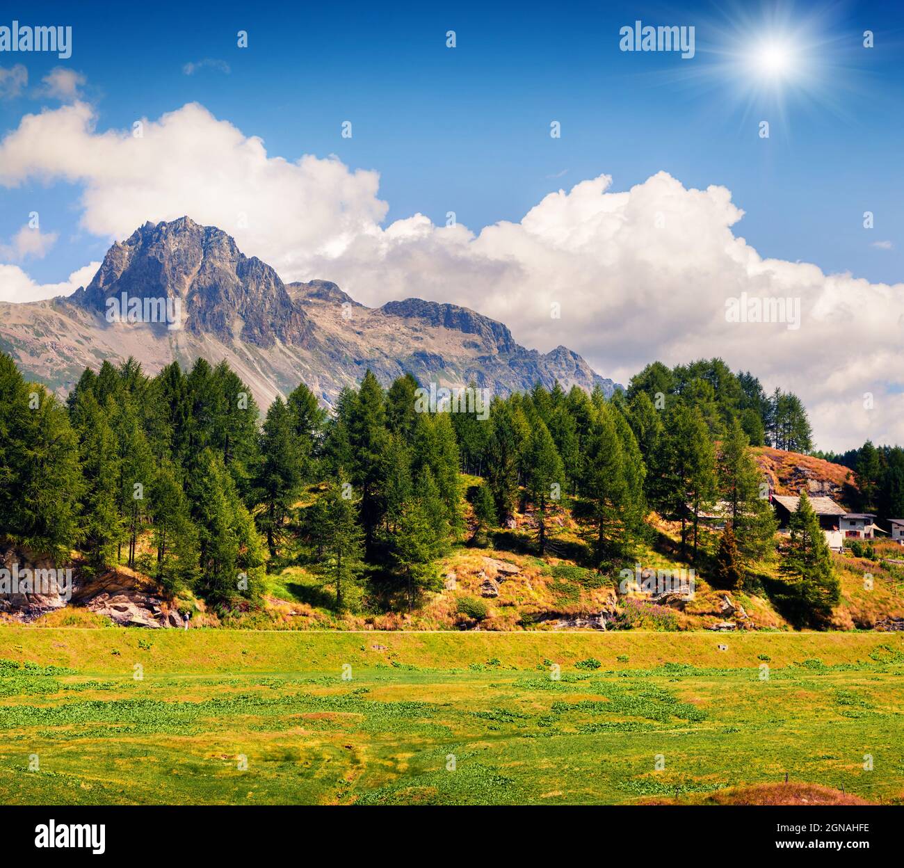 Luminosa vista estiva dalla cima del passo di Maloja. Colorata scena mattutina nelle Alpi svizzere, alta Engadina nel cantone dei Grigioni, Svizzera, Europa. Conf Foto Stock