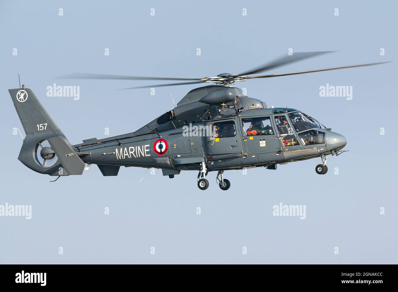 Un elicottero Eurocopter AS365 Dauphin Search and Rescue (SAR) dalla Flottille 35F della Marina francese. Foto Stock