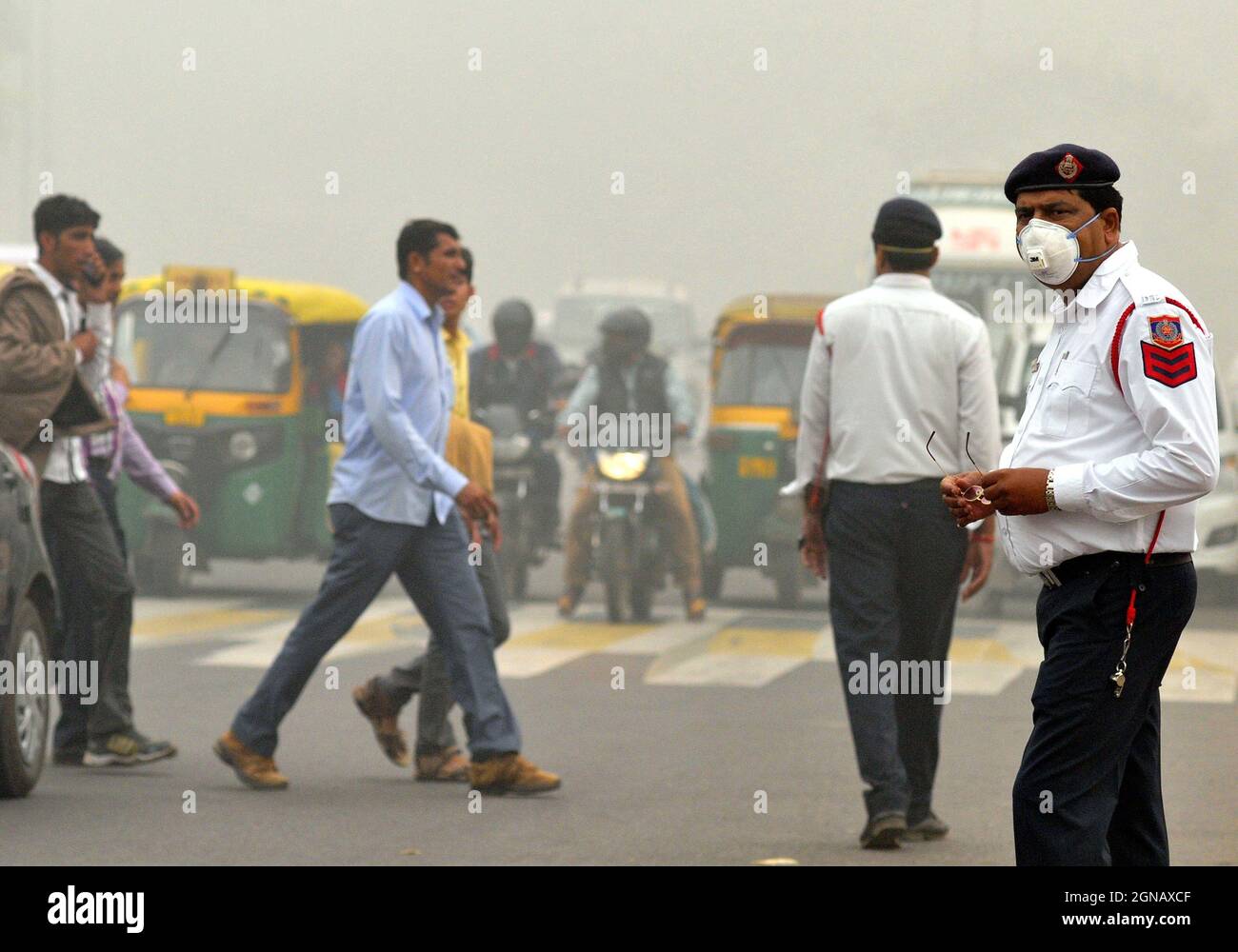 Lo smog inviluppa il ver Delhi come i livelli di inquinamento dell'aria nella capitale nazionale dovuto bruciare le stubbie nel vicino Haryana, Punjab ed altri farmi Foto Stock