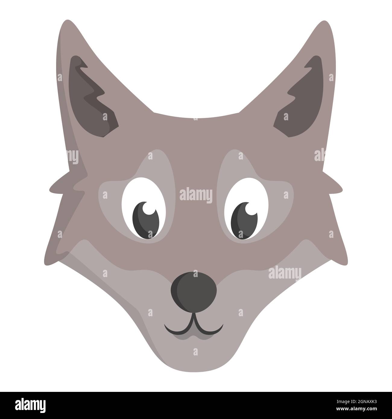 Vista frontale Wolf Face. Capo animale in stile cartone animato. Illustrazione Vettoriale