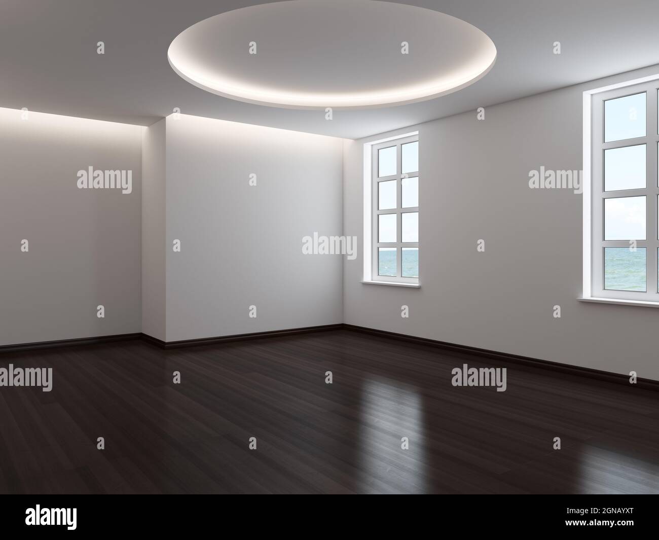 Interno vuoto con due finestre, pareti bianche intonacate, illuminazione cornicione e pavimento in parquet scuro con rivestimenti. Rendering 3D, 7680 x 5760 Foto Stock