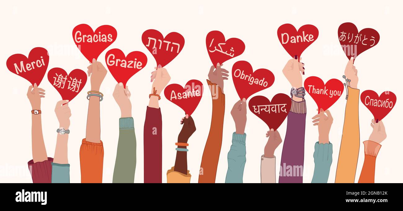 Armi e mani elevate di persone multietniche di nazioni e continenti diversi che tengono il cuore con il testo - grazie - nelle lingue internazionali Illustrazione Vettoriale