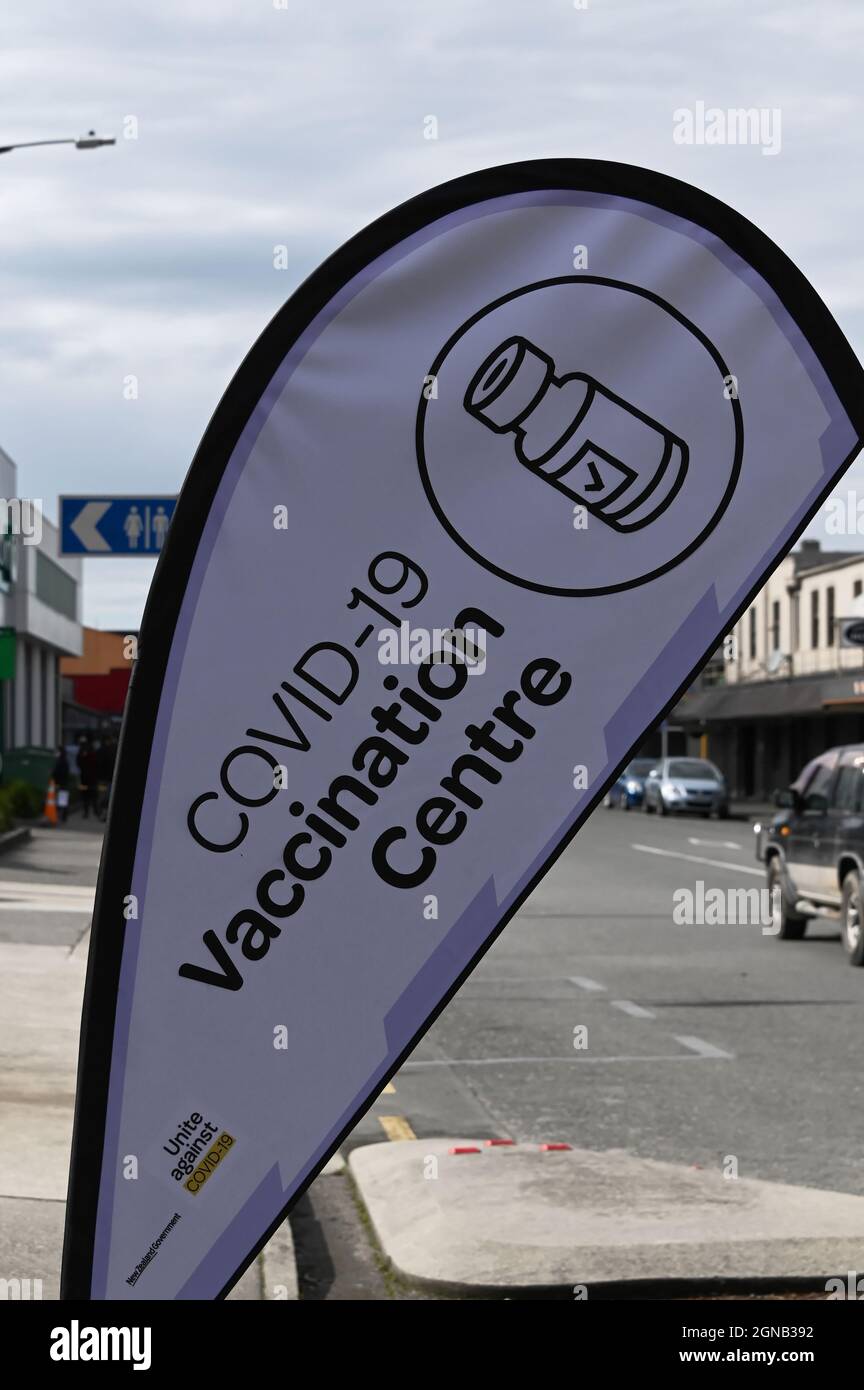 Un allarme del centro di vaccinazione Covid-19 indica dove è possibile vaccinarsi in Nuova Zelanda Foto Stock
