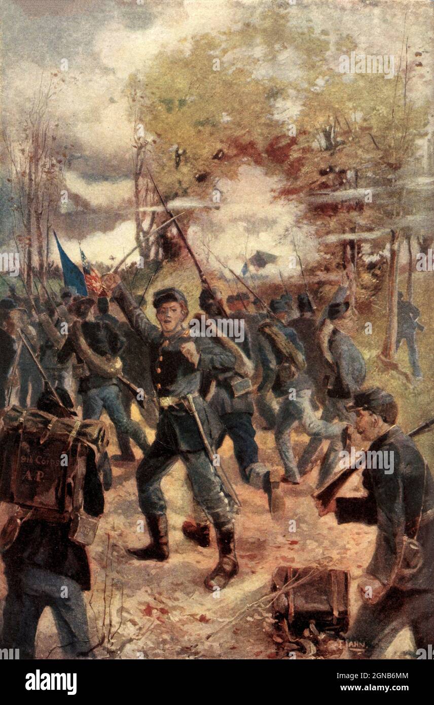 La battaglia di Antietam o battaglia di Sharpsburg particolarmente negli Stati Uniti meridionali, era una battaglia della guerra civile americana combattuta il 17 settembre 1862, fra l'esercito del nord della Virginia del genere confederato Robert E. Lee e l'esercito del Potomac dell'Unione Gen. George B. McClellan vicino Sharpsburg, Maryland e Antietam Creek. Parte della campagna del Maryland, fu il primo impegno a livello di esercito di campo nel teatro orientale della guerra civile americana a svolgersi sul suolo dell'Unione. Era il giorno più sanguinoso della storia americana, con un totale di 22,717 morti, feriti, o mancanti Colour artwor Foto Stock