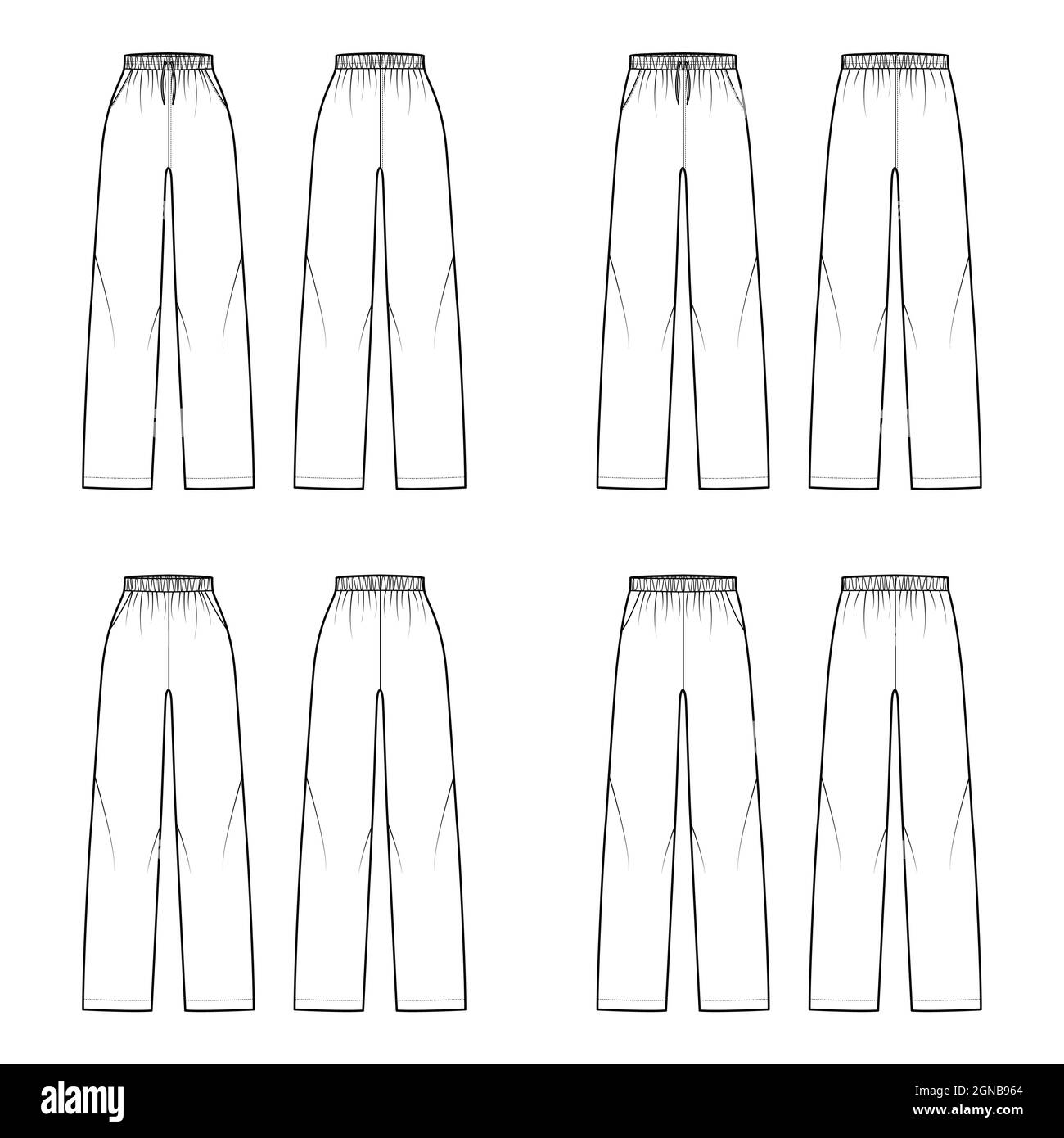 Set di pantaloncini da training Pants Sport con disegno tecnico di moda con vita bassa, tasche, vestibilità rilassata, lunghezza caviglia. Sagoma a fondo piatto anteriore, posteriore, colore bianco. Donna uomo CAD mockup Illustrazione Vettoriale