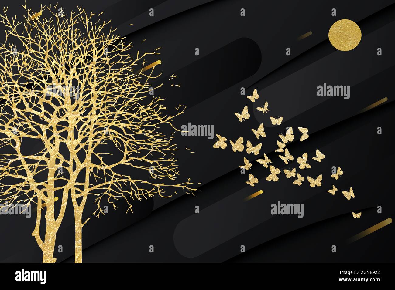 Carta da parati personalizzata di albero d'oro e farfalle Foto Stock
