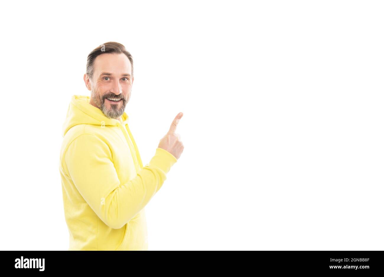 La vostra pubblicità qui. consigliere uomo in giallo Hoody. Adulto ragazzo pubblicità. Maschile casual moda sportiva. Foto Stock