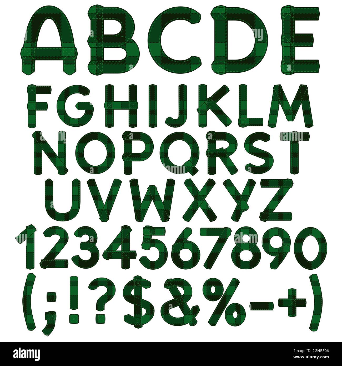 Alfabeto, lettere, numeri e segni da tessuto verde tartan. Oggetti vettoriali isolati su sfondo bianco. Illustrazione Vettoriale
