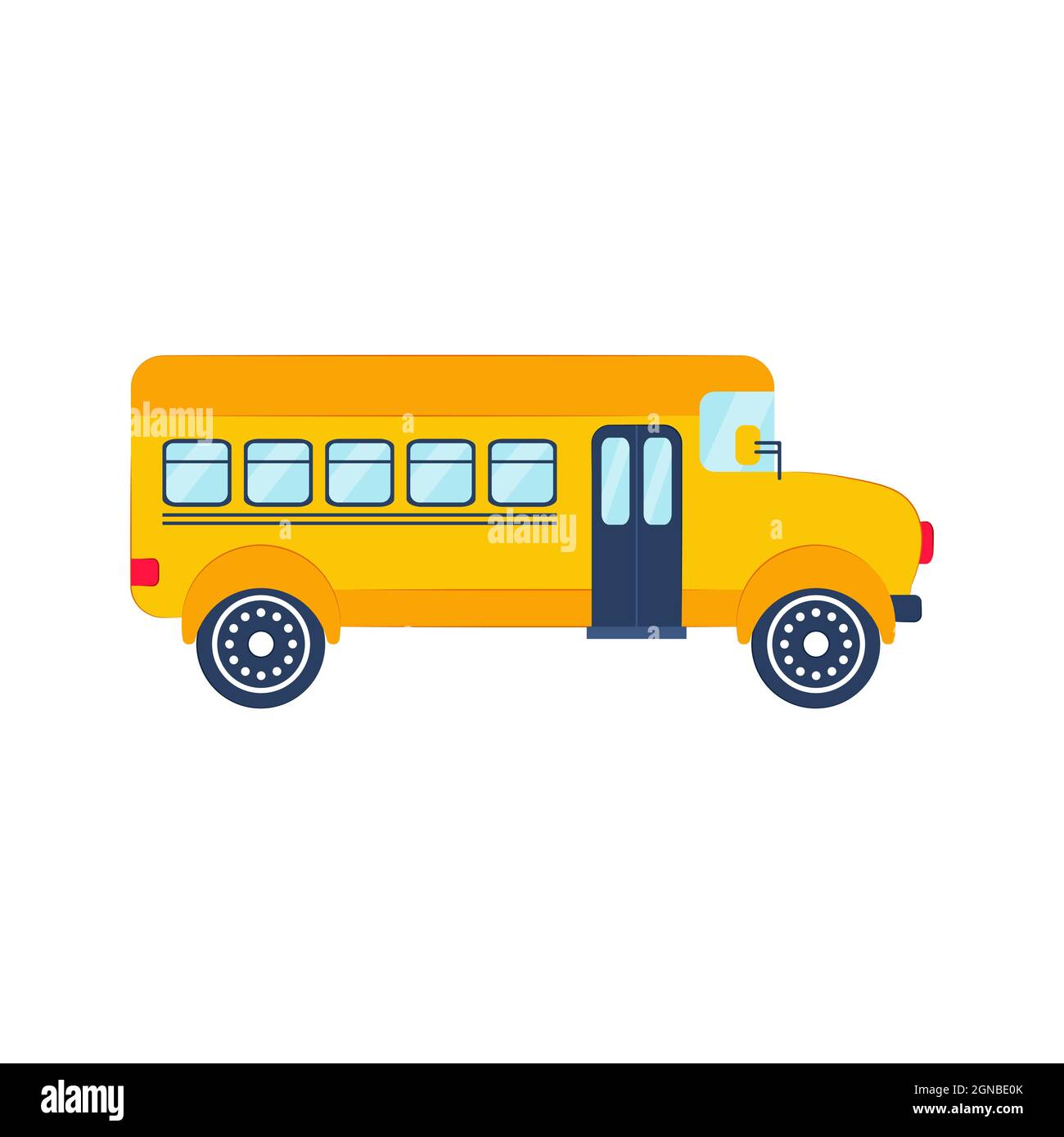Bus scuola giallo isolato su sfondo bianco. Illustrazione piatta vettoriale. Trasporto per bambini. Torna a scuola Illustrazione Vettoriale
