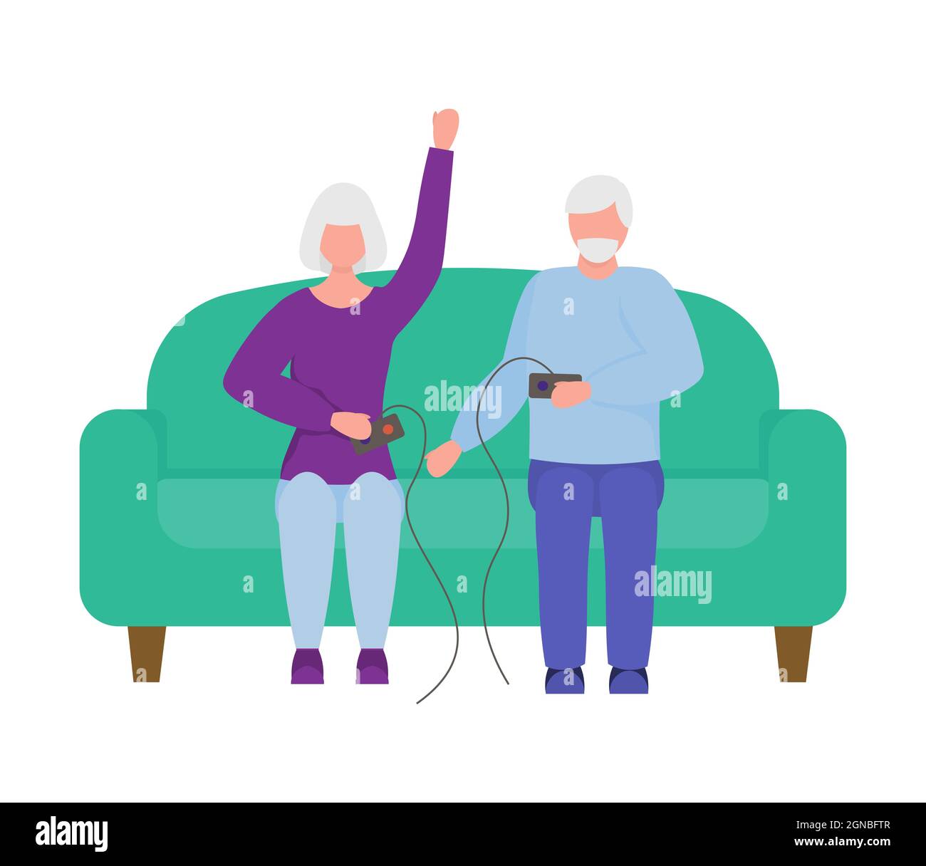 gli anziani che giocano a videogiochi con i joystick. riposo per gli anziani. un uomo anziano e una donna anziana stanno giocando a un videogioco Illustrazione Vettoriale