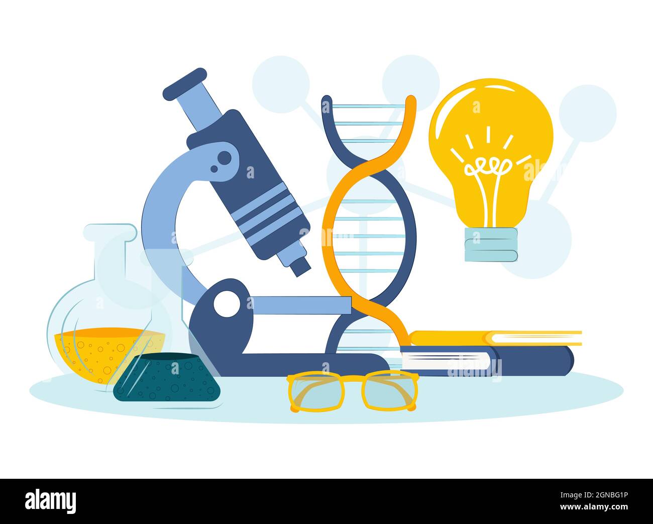 Idea di concetto in medicina, DNA genetico scienza, sanità. Illustrazione piatta vettoriale. Illustrazione Vettoriale