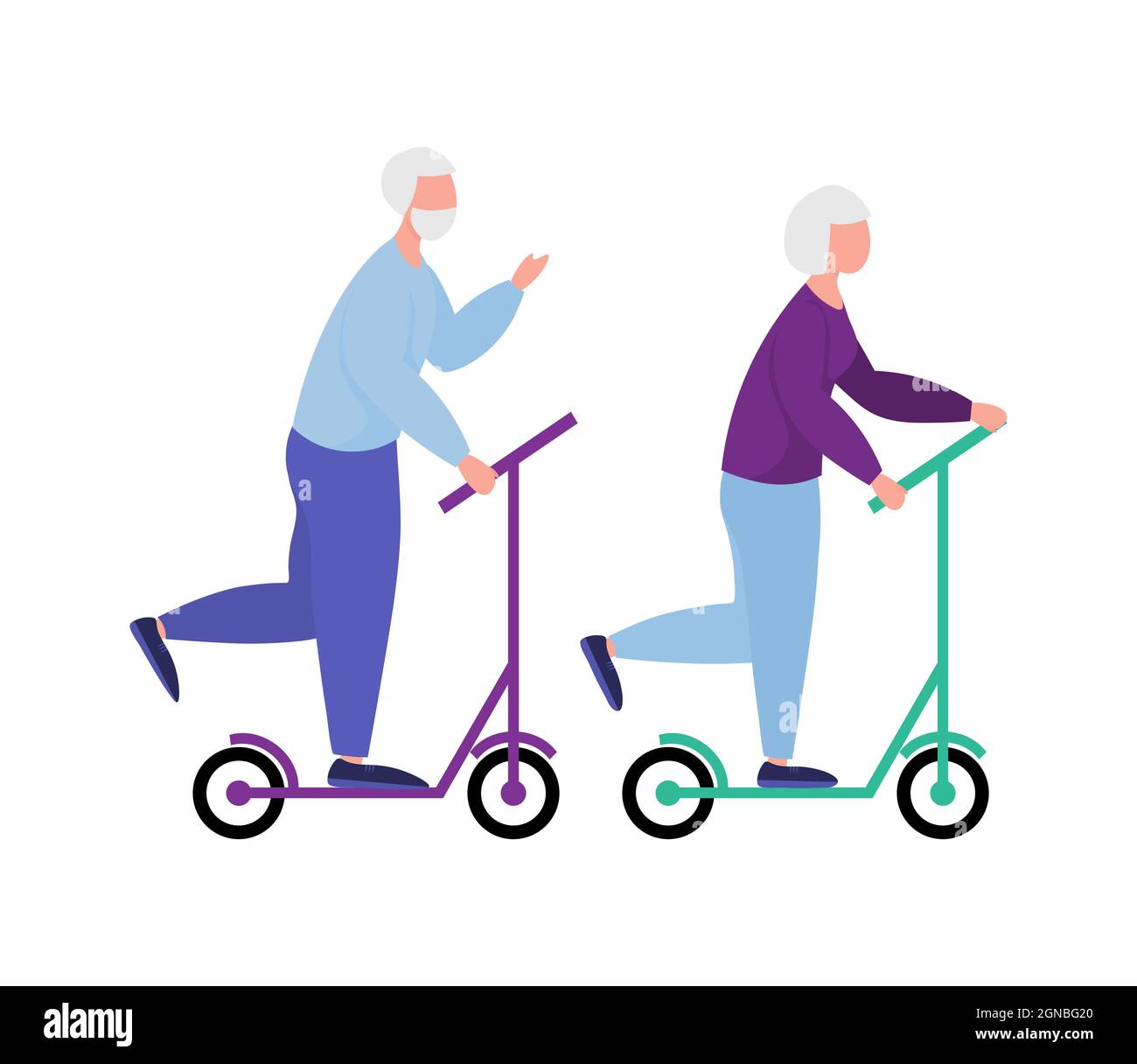 Gli anziani cavalcano insieme gli scooter. Cavalcare l'uomo anziano e la donna anziana. I pensionati conducono uno stile di vita sano. Ricreazione degli anziani. Illustrazione vettoriale Illustrazione Vettoriale