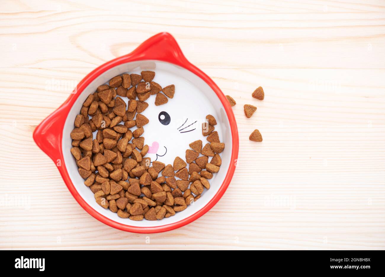 Ciotola in ceramica rossa per alimenti secchi per animali domestici, cibo. Alimenti marroni per il gatto nella ciotola su superficie di legno, vista dall'alto Foto Stock