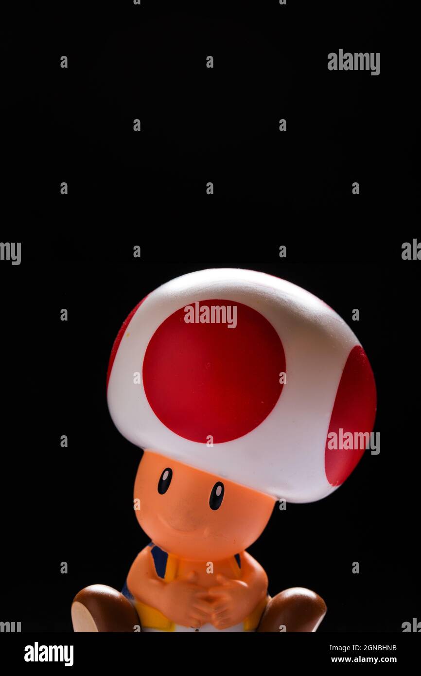 Mosca, Russia - 24 settembre 2021: Figura plastica di Toad da Nintendo video gioco isolato su sfondo nero. Foto Stock