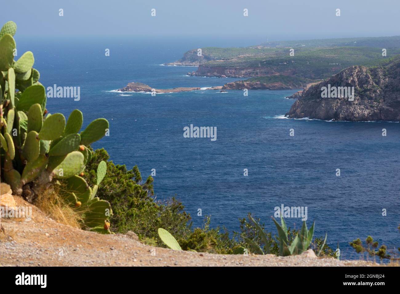 Vista panoramica della costa settentrionale di Ibiza, Spagna Foto Stock