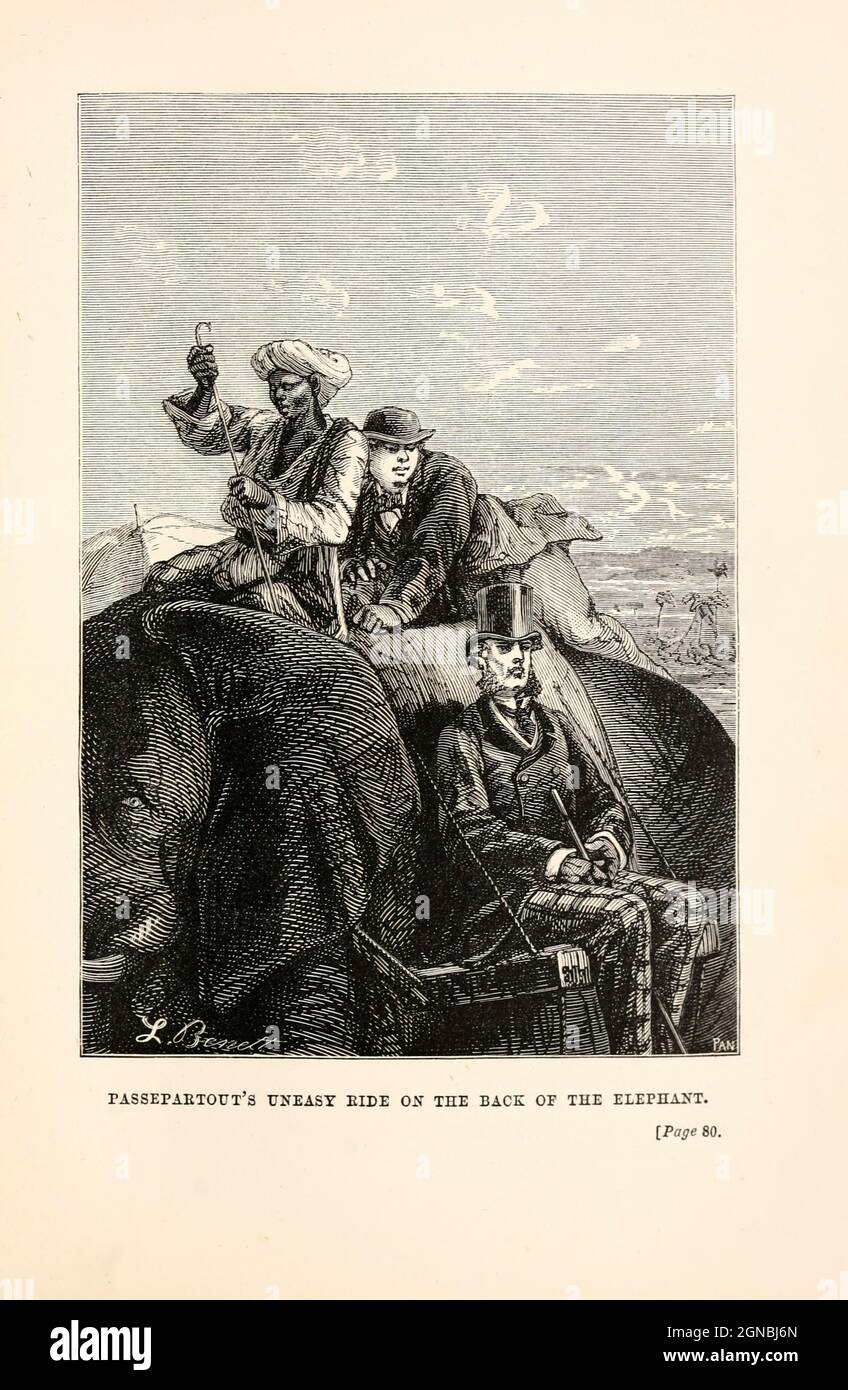 Passepartout's Uneasy Ride on the Back of the Elephant. From the book ' around the World in ottanta giorni ' by Jules Verne (1828-1905) Translated by Geo.a. M. Towle, pubblicato a Boston da James. R. Osgood & Co. 1873 prima edizione USA Foto Stock