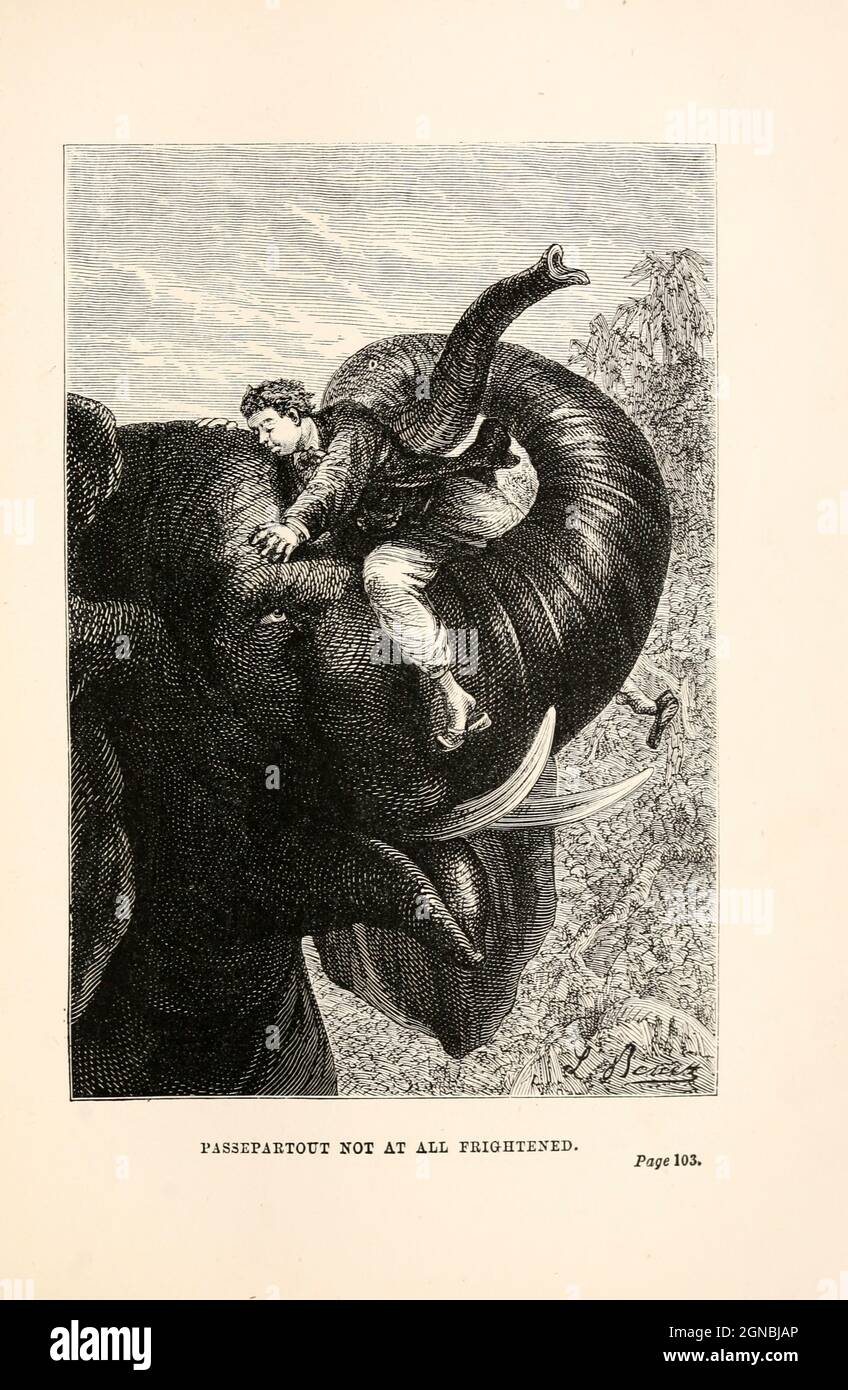 Passepartout non ha affatto paura. Dal libro 'intorno al mondo in ottanta giorni' di Jules Verne (1828-1905) tradotto da Geo. M. Towle, pubblicato a Boston da James. R. Osgood & Co. 1873 prima edizione USA Foto Stock