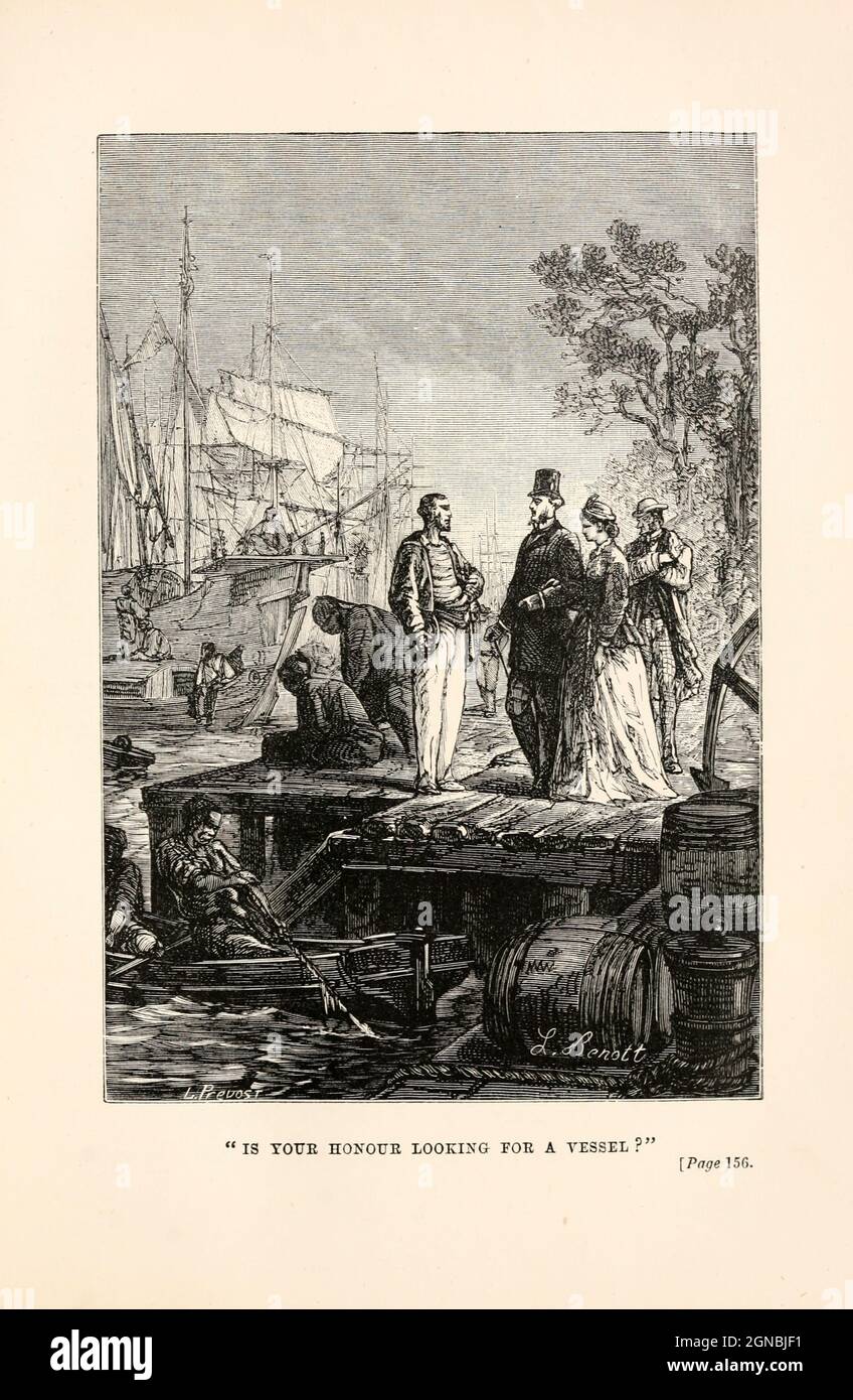 "Il suo onore sta cercando una nave?" Dal libro ' in tutto il mondo in ottanta giorni ' di Jules Verne (1828-1905) tradotto da Geo. M. Towle, pubblicato a Boston da James. R. Osgood & Co. 1873 prima edizione USA Foto Stock