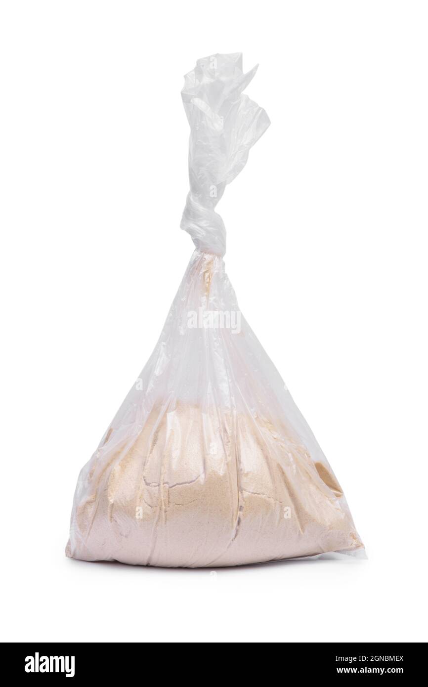 Sacchetto di plastica trasparente con isolamento in polvere su sfondo bianco Foto Stock