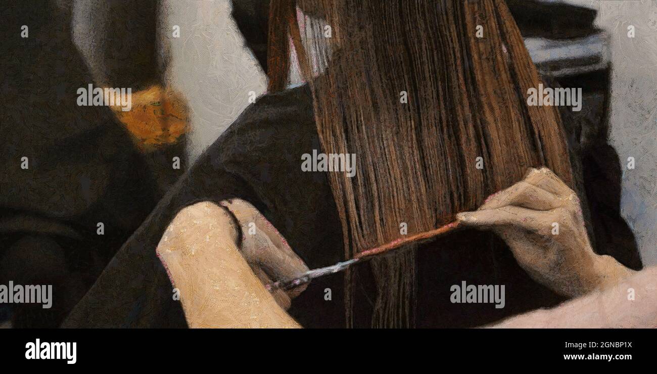 Il parrucchiere fa un taglio di capelli a una donna. Vista panoramica. Lavoro artistico Foto Stock