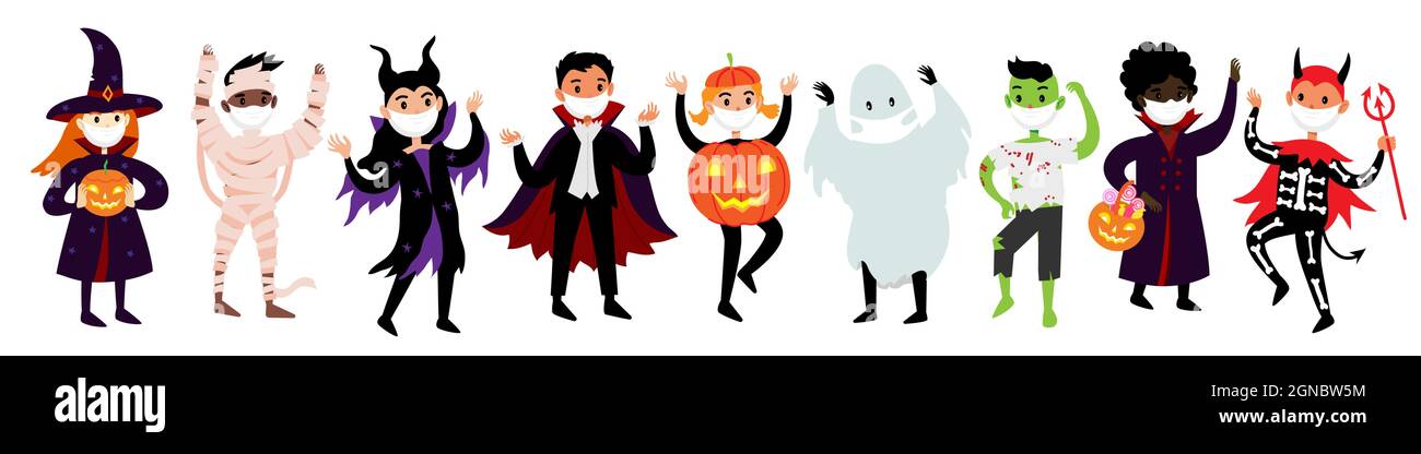 Halloween Set di bambini in costumi e maschere protettive mediche da COVID-19. Vettoriale diversi personaggi simpatici e divertenti vestiti in abiti Halloween Illustrazione Vettoriale