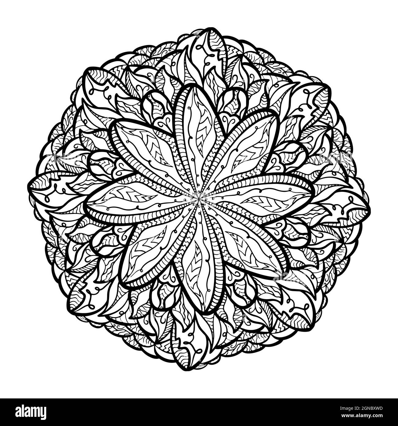 Illustrazione della pagina di colorazione mandala nera disegnata a mano. Fiore astratto boho disegno grafico per stampa tatuaggio colorazione bambini arte template. Foto Stock