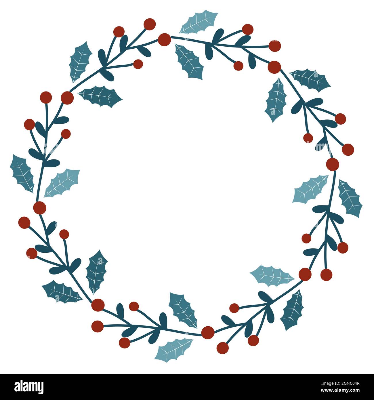 Corona rotonda con foglie blu gelate e bacche rosse. Cornice circolare botanica invernale. Bel modello per una cartolina o un saluto, vettore illustra Illustrazione Vettoriale