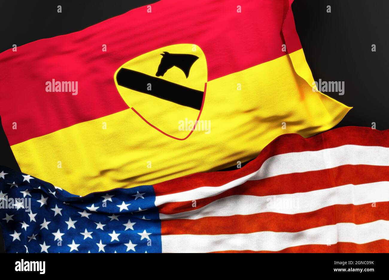 Bandiera dell'esercito degli Stati Uniti 1a Divisione di Cavalleria insieme ad una bandiera degli Stati Uniti d'America come simbolo di un collegamento fra loro, illustrazione 3d Foto Stock
