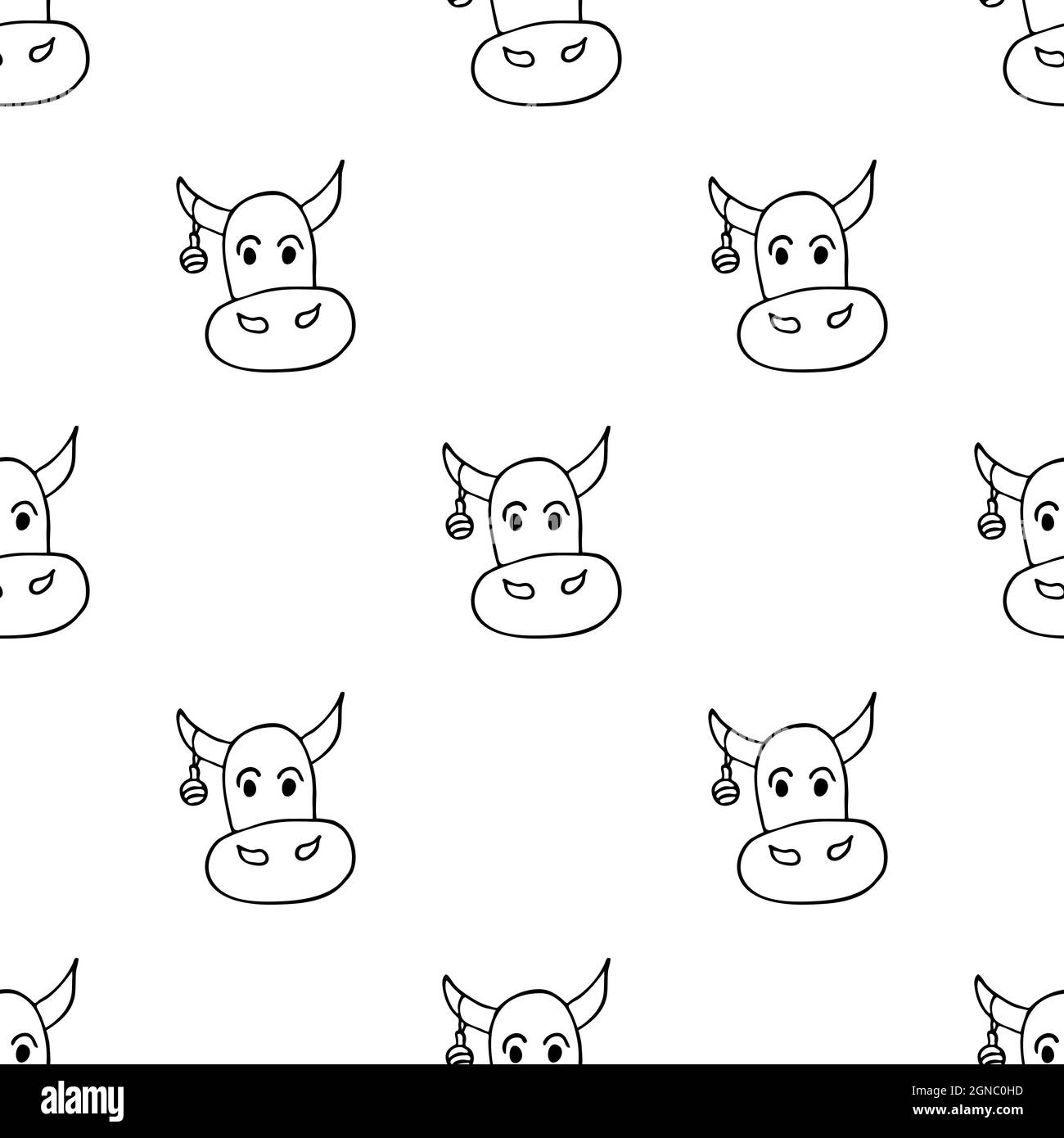 Modello senza cuciture con toro del nuovo anno disegnato a mano. Illustrazione vettoriale in stile Doodle isolata su sfondo bianco. Per carta da parati, imballaggio, poster, cartoncino Illustrazione Vettoriale