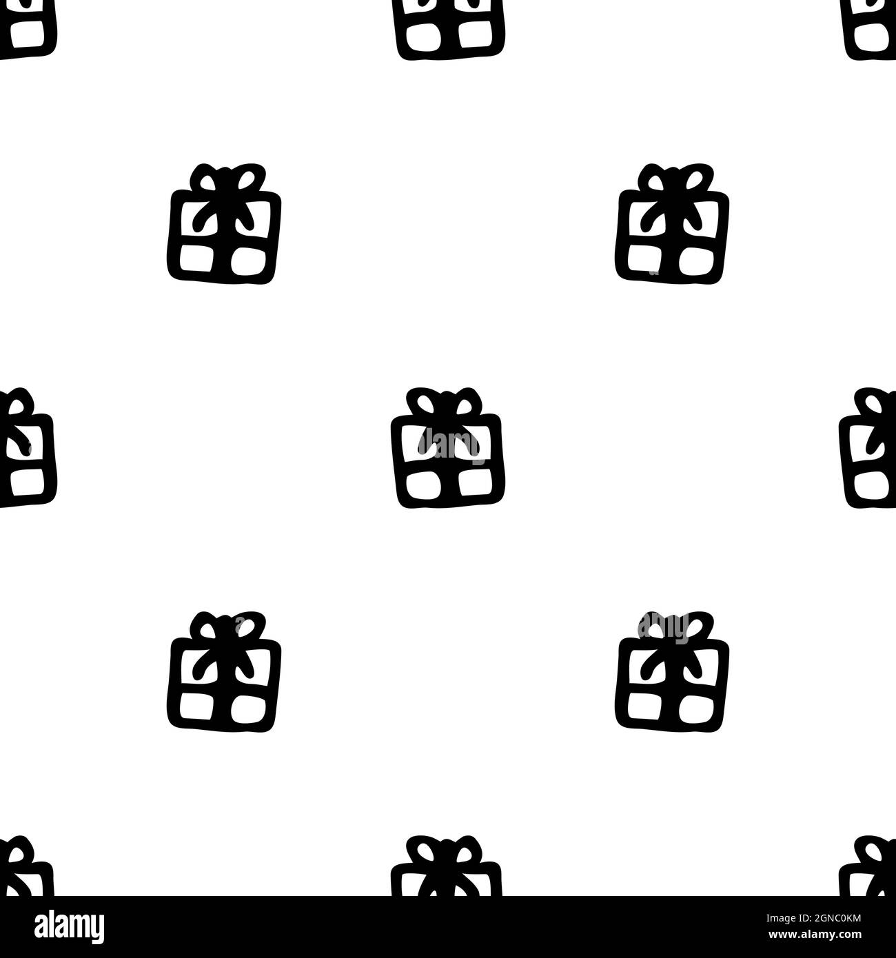 Modello senza cuciture con confezione regalo disegnata a mano. Illustrazione vettoriale in stile Doodle isolata su sfondo bianco. Per carta da parati, imballaggio, poster, biglietti da visita o. Illustrazione Vettoriale