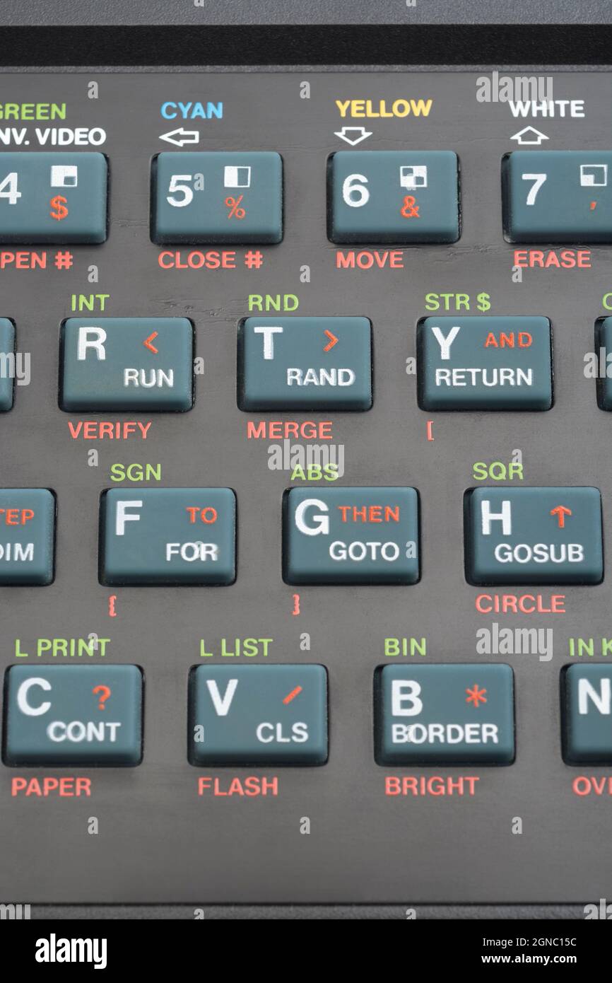 Primo piano della tastiera Sinclair ZX Spectrum. Concentrarsi sui tasti di COMANDO di base RUN / RAND / RETURN. Computer domestico vintage a 8 bit degli anni '80 (vedere le note). Foto Stock