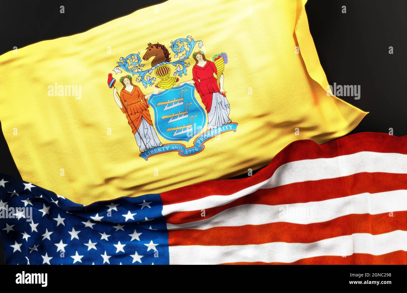 Bandiera del New Jersey insieme ad una bandiera degli Stati Uniti d'America come simbolo di unità tra loro, illustrazione 3d Foto Stock
