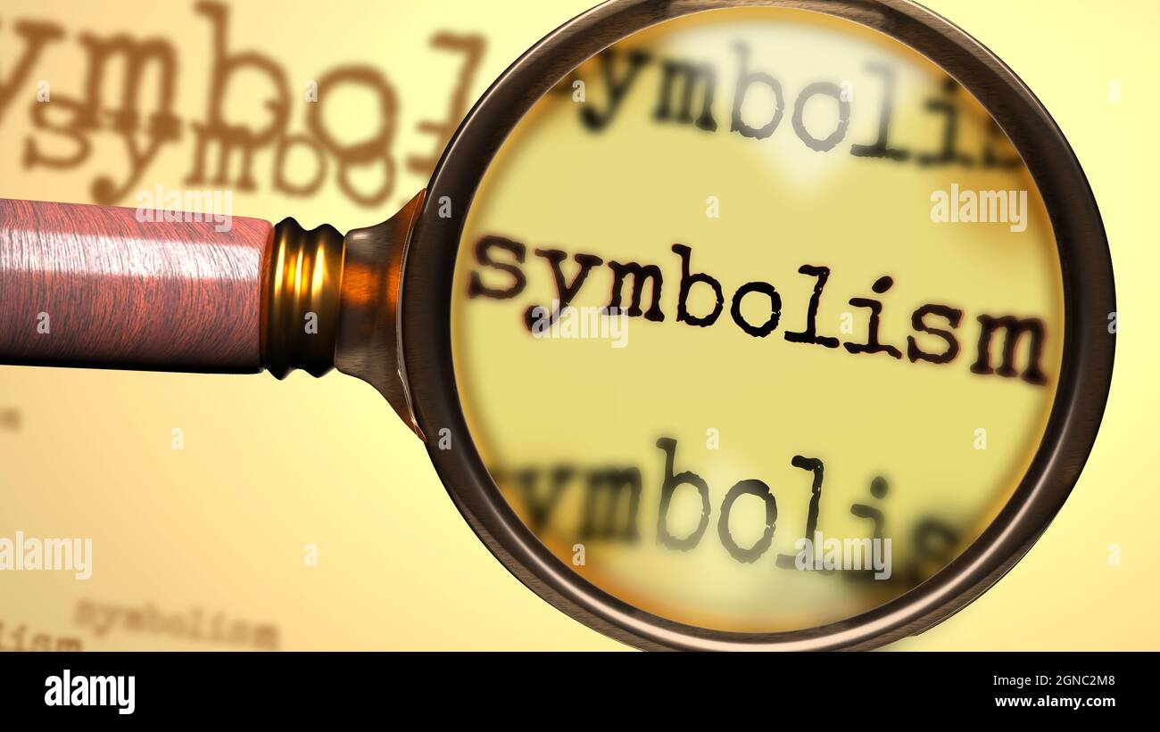 Simbolismo e una lente d'ingrandimento sul simbolismo della parola inglese per simbolizzare lo studio, l'esame o la ricerca di una spiegazione e risposte relative a una c Foto Stock
