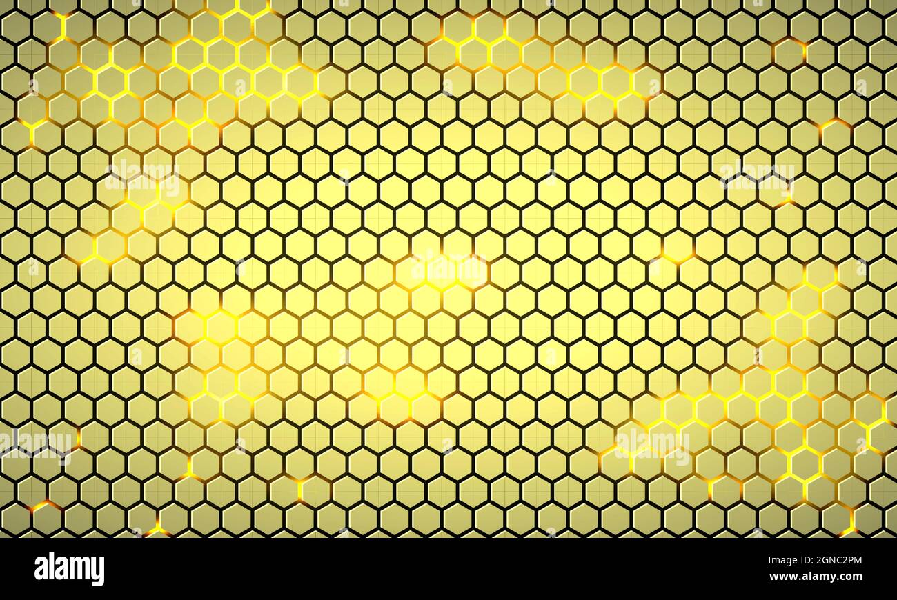 Tecnologia esagonale giallo chiaro sfondo vettoriale astratto con luci di colore neon sotto l'esagono. Vettore di gioco giallo esagonale Illustrazione Vettoriale