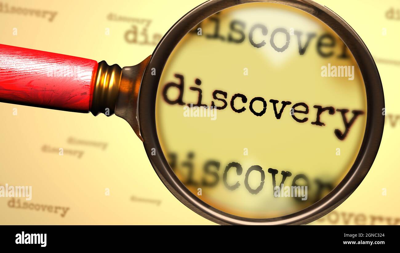 Scoperta e una lente d'ingrandimento sulla parola inglese Discovery per simbolizzare lo studio, l'esame o la ricerca di una spiegazione e risposte relative a un c Foto Stock