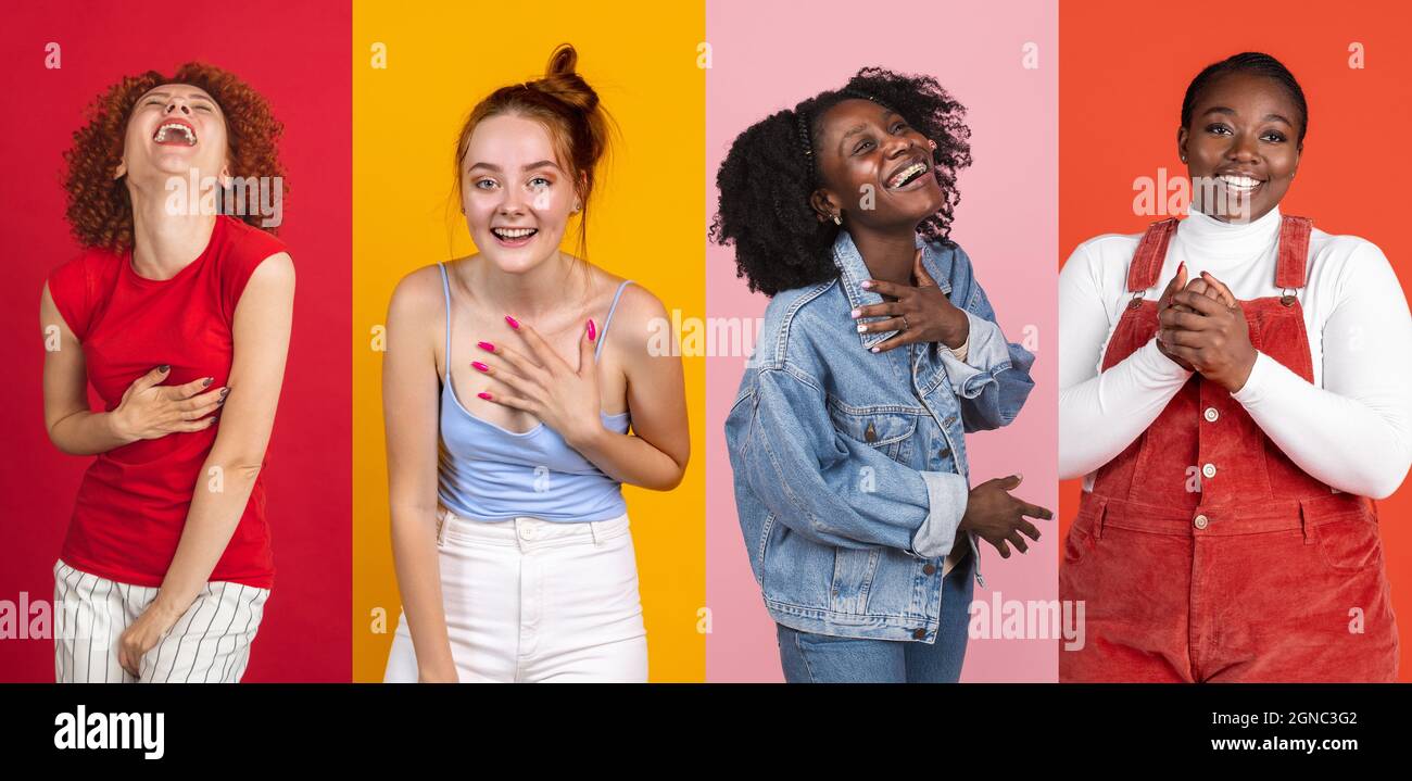 Quattro giovani ragazze felici, modelli multietnici ridendo isolato su sfondo multicolore. Concetto di emozioni, espressioni facciali. Collage Foto Stock