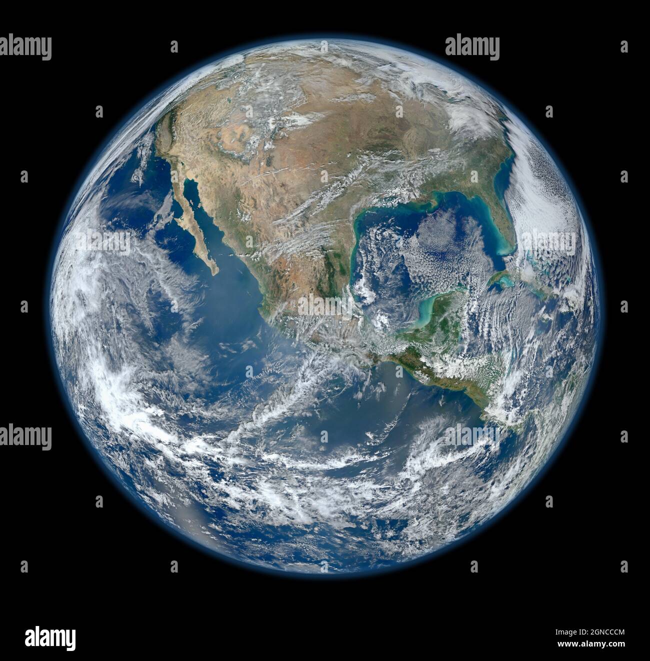 Questo dettagliato montaggio terrestre in marmo blu mostrato sopra -- creato dalle immagini acquisite dallo strumento Visible/Infrared Imager Radiometer Suite (VIIRS) a bordo del satellite Suomi NPP. Molte caratteristiche del Nord America e dell'emisfero occidentale sono particolarmente visibili. Una versione ottimizzata e potenziata digitalmente di un'immagine NASA / credito NASA. Foto Stock