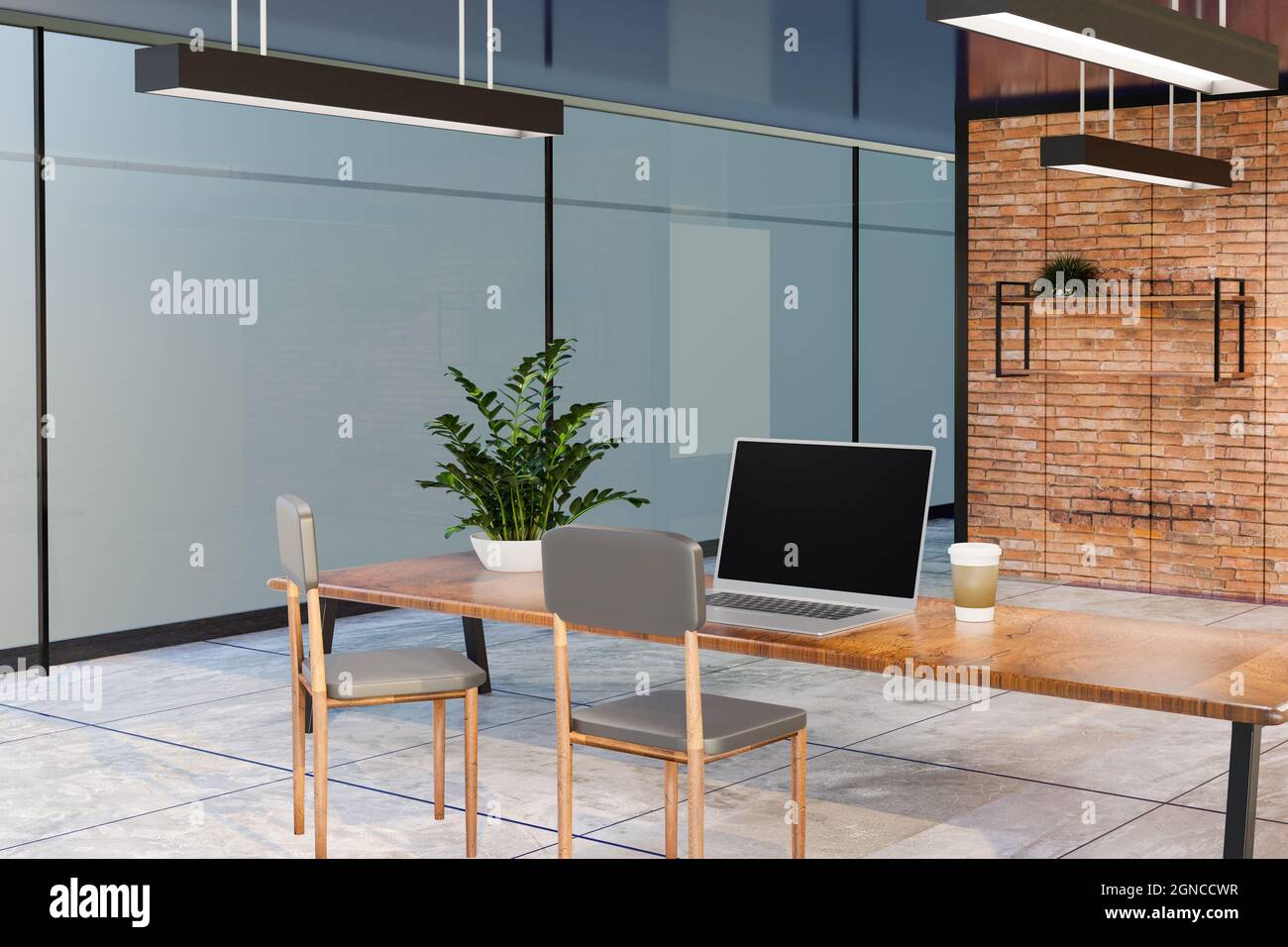 Sala di lavoro con laptop mock-up, rendering di illustrazioni 3D Foto Stock