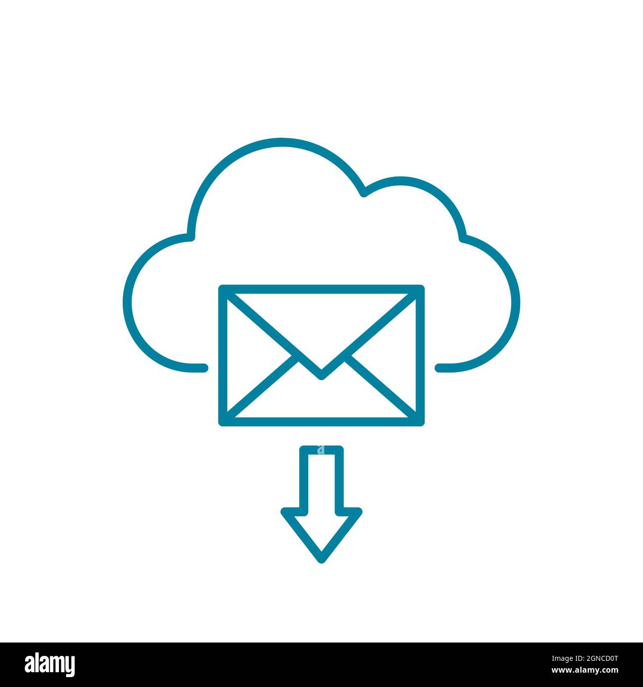 Icona della linea di posta cloud. Servizio di archiviazione e-mail su cloud. Fumetto e busta con il simbolo della freccia. E-mail hosting online. Scaricare la posta dal server. Vettore Illustrazione Vettoriale
