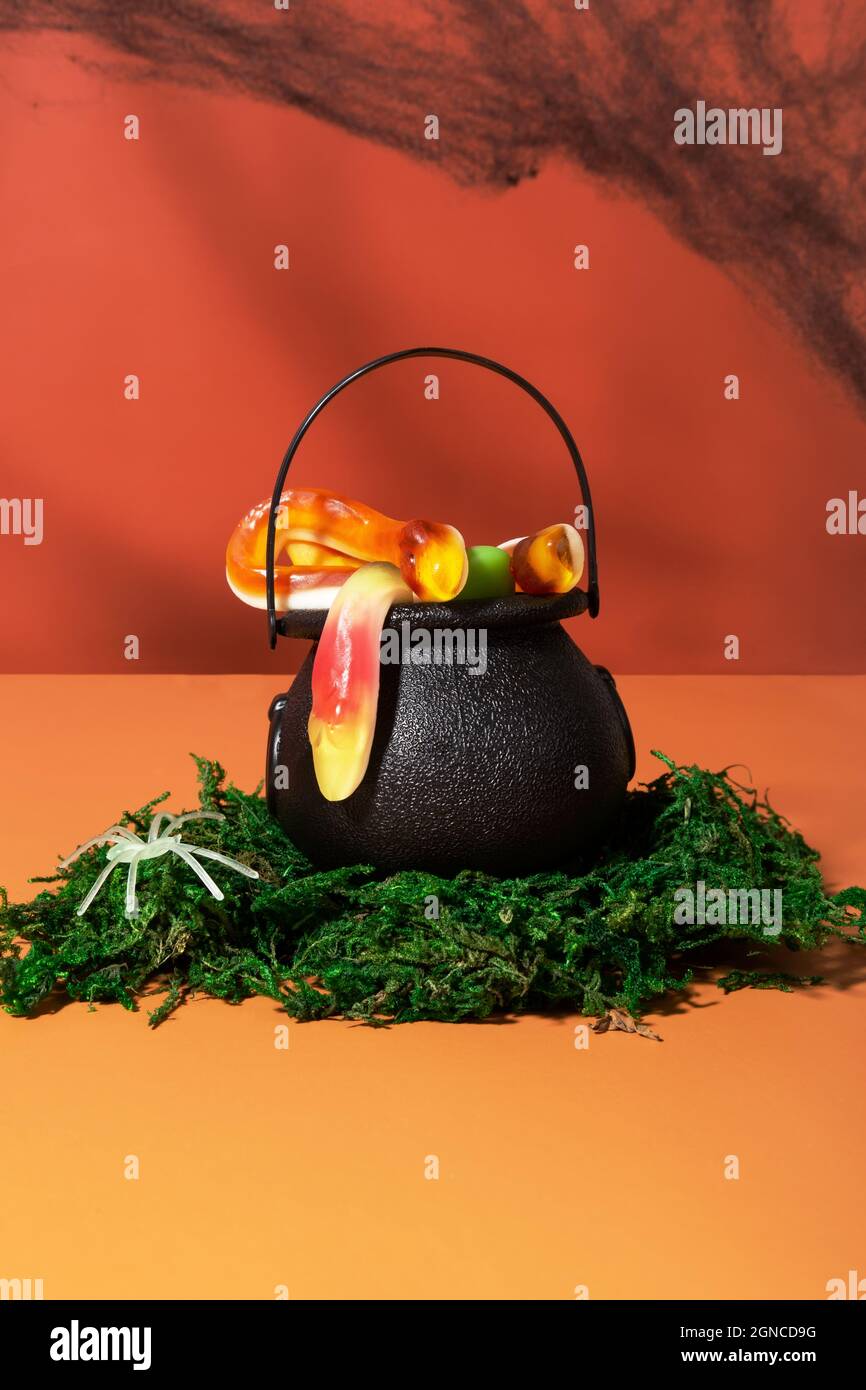 Divertente scenario di Halloween. Cauldron nero strega pieno di serpenti di gelatina su muschio verde Foto Stock